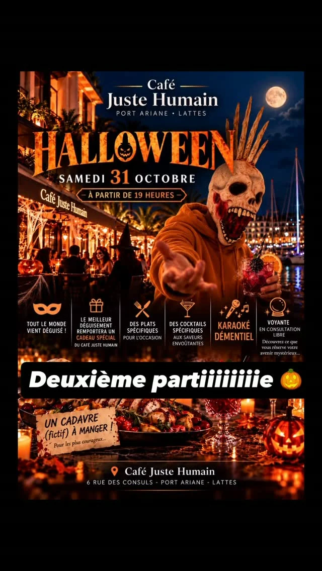 🎃 Hier soir, le Café Juste Humain s’est transformé en repaire de sorcières… et c’était monstrueusement bon ! 👻Sorcières, fantômes, karaoké endiablé et un cadavre (fictif !) à manger pour les plus courageux… Merci à tous ceux qui ont joué le jeu et mis le feu à la soirée 🔥Mais ce n’était qu’un avant-goût… 🦇La suite, c’est SAMEDI 31 OCTOBRE à partir de 19h !🎭 Tout le monde vient déguisé !
🎁 Le meilleur déguisement remporte un cadeau spécial
🍽️ Des plats spécialement pensés pour l’occasion
🍸 Des cocktails aux saveurs envoûtantes
🎤 Karaoké démentiel
🔮 Une voyante en consultation libre pour découvrir ce que l’avenir vous réserve…📍 Café Juste Humain – 6 rue des Consuls, Port Ariane, LattesRéservez votre table, la nuit risque d’être longue (et effrayante) 😈#lattes #montpellier #halloween #deguisement #karaoke