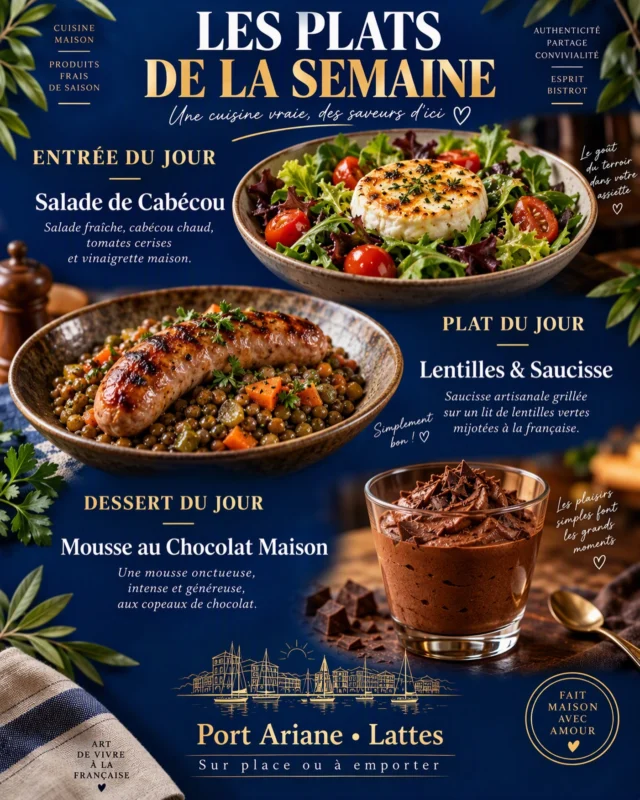 🍽️ Les plats de la semaine au Café Juste Humain 🍽️Une cuisine vraie, des saveurs d’ici 🤍🥗 Entrée du jour : Salade de Cabécou
Salade fraîche, cabécou chaud, tomates cerises et vinaigrette maison.🌿 Plat du jour : Lentilles & Saucisse
Saucisse artisanale grillée sur un lit de lentilles vertes mijotées à la française. Simplement bon !🍫 Dessert du jour : Mousse au Chocolat Maison
Une mousse onctueuse, intense et généreuse.Cuisine maison, produits frais et de saison, dans un esprit bistrot où l’on vient pour partager et se sentir bien ✨📍 Café Juste Humain, Port Ariane, Lattes
🛍️ Sur place ou à emporterAlors, qui vient se régaler avec nous cette semaine ? Tag ton binôme de déjeuner 👇#menu #food #montpellier #lattes #cuisine